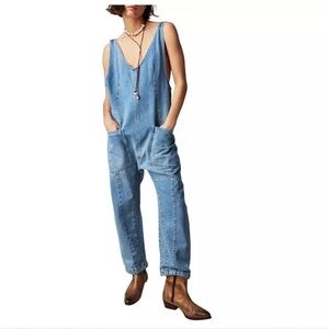 Free People High Roller Light Blue Denim Overalls